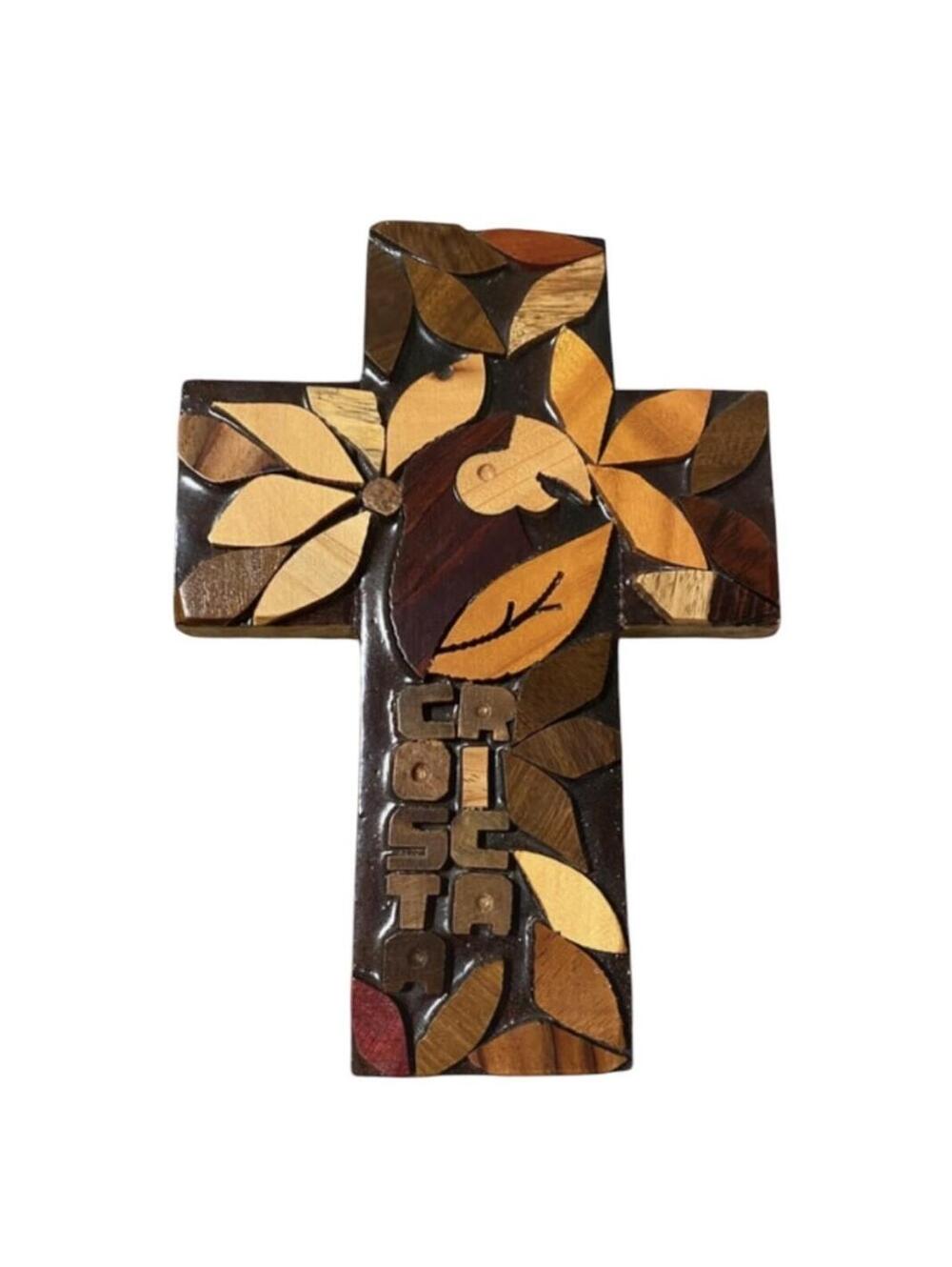 Handcrafted Wooden Cross Wall Decor with Leaf Inlay